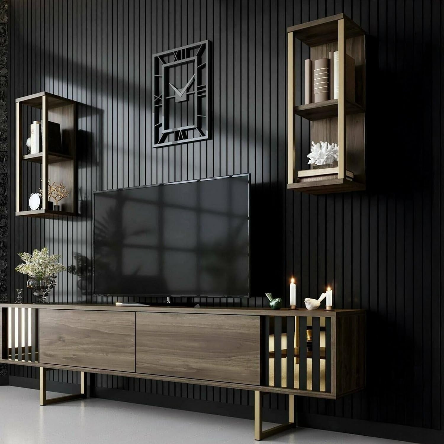 Mobile Porta TV con Credenza Bassa Noce e Nero 180 x 30 x 48