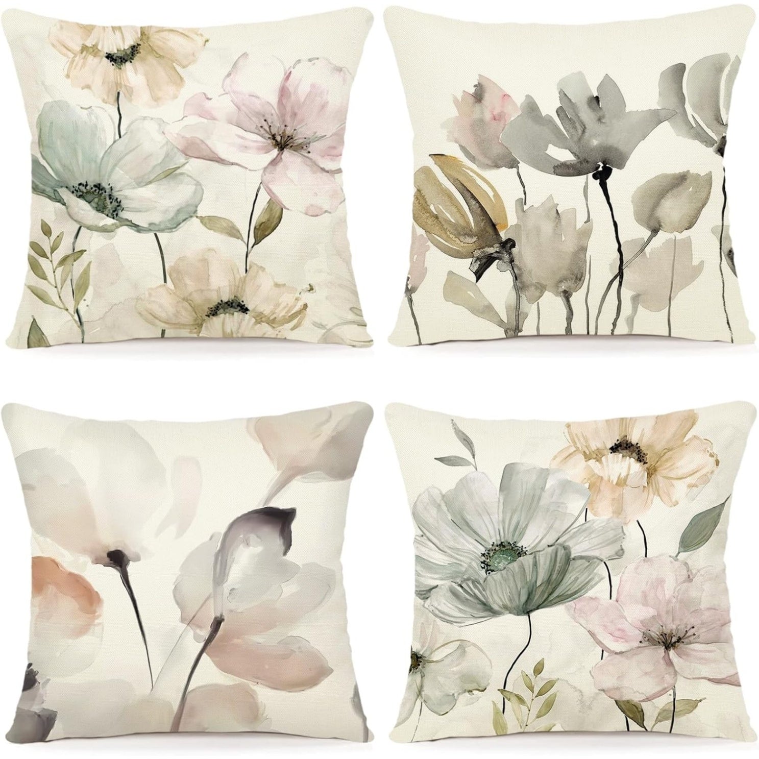 Confezione da Quattro Copricuscini Decorativi in Lino con Disegno Floreale Effetto
